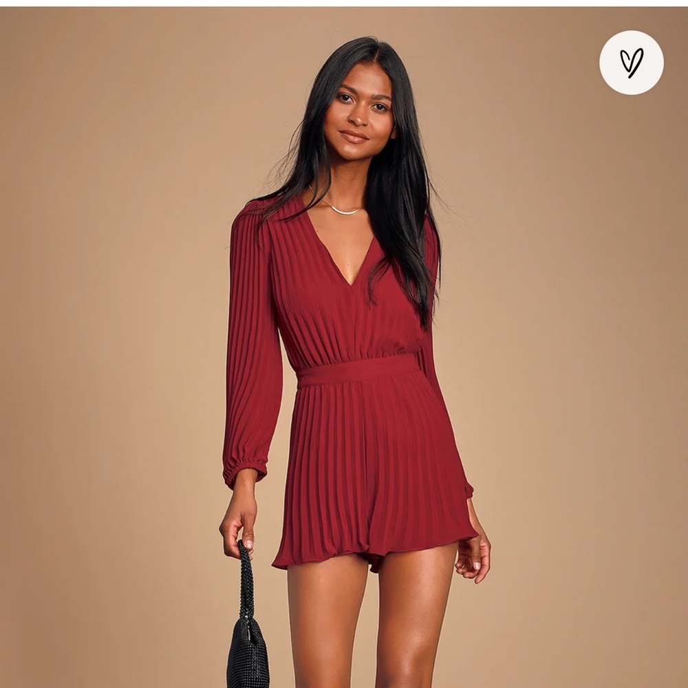 Ali &Jay Berry Red Pleated Chiffon Long Sleeve Romper